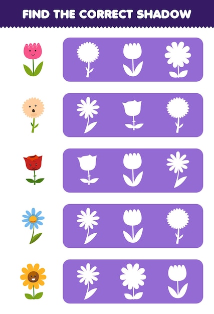 Education game for children find the correct shadow silhouette of cute cartoon flower printable nature worksheet