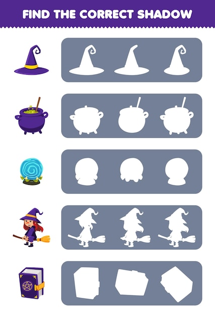 Gioco educativo per bambini trova la corretta sagoma ombra del simpatico cartone animato cappello calderone magico orb libro strega halloween foglio di lavoro stampabile