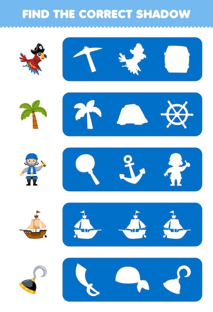 Education game for children find the correct shadow silhouette of cute cartoon parrot tree old man ship and hook printable pirate worksheet