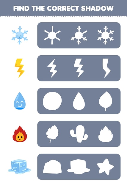 Education game for children find the correct shadow silhouette of cute cartoon snowflake thunder water fire ice printable nature worksheet