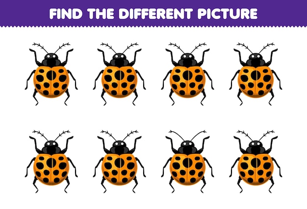 Education game for children find the different picture of cute cartoon ladybug printable bug worksheet