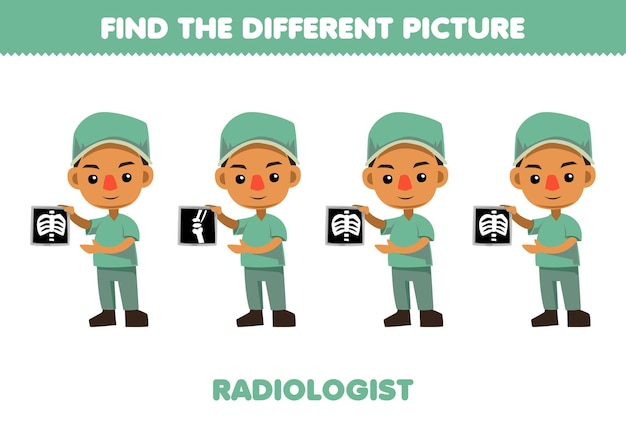 어린이를 위한 교육 게임은 귀여운 만화 방사선 전문의 직업 인쇄용 워크시트의 다른 그림을 찾습니다.