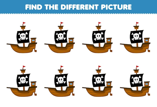 Education game for children find the different picture of cute cartoon ship printable pirate worksheet