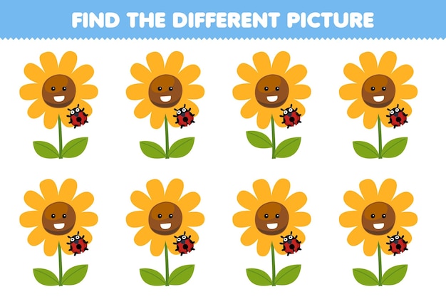 Education game for children find the different picture of cute cartoon sunflower and ladybug printable nature worksheet