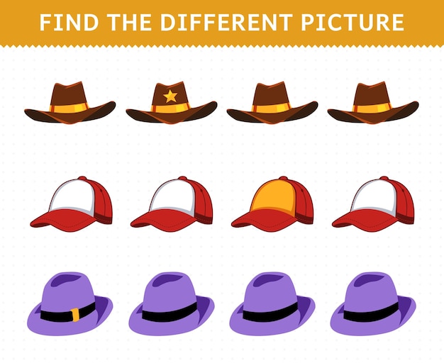 Vector education game for children find the different picture in each row cartoon wearable clothes cowboy hat cap fedora