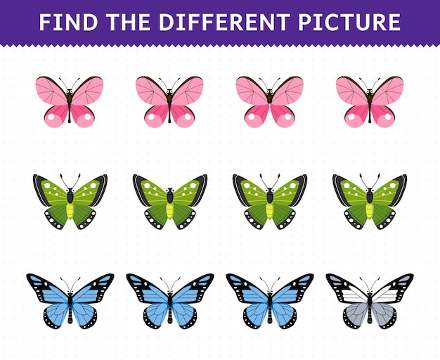 Образовательная игра для детей: найди разные картинки в каждом ряду милой мультяшной бабочки, которую можно распечатать.