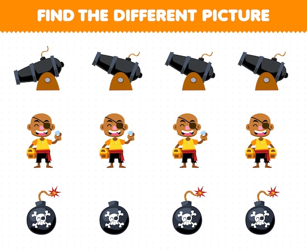 Education game for children find the different picture in each row of cute cartoon cannon bald man and bomb printable pirate worksheet