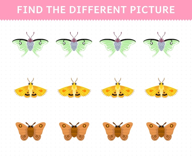 子供のための教育ゲームは、かわいい漫画の蛾の印刷可能なバグワークシートの各行で異なる絵を見つけます