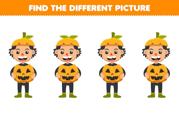 Образовательная игра для детей: найди разные картинки в каждом ряду милого мультяшного костюма тыквы для мальчика на хэллоуин.