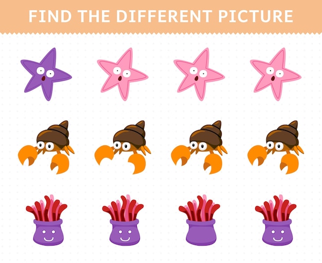 Vector education game for children find the different picture in each row of cute cartoon starfish hermit crab anemone printable underwater worksheet