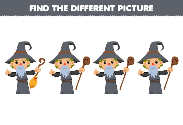 Education game for children find the different picture in each row of cute cartoon wizard costume halloween printable worksheet
