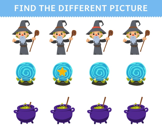 Education game for children find the different picture in each row of cute cartoon wizard costume magic orb cauldron halloween printable worksheet