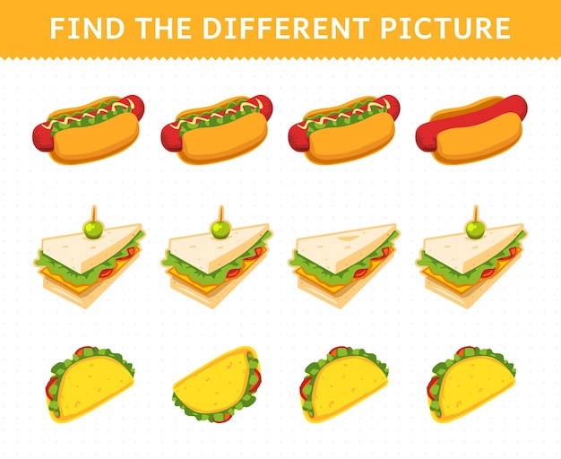 Vector education game for children find the different picture in each row foods hotdog sandwich taco