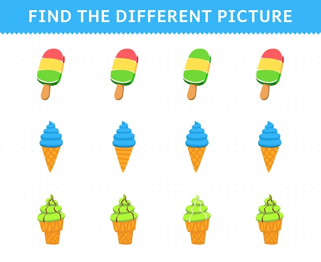 Education game for children find the different picture in each row foods ice cream popsicle