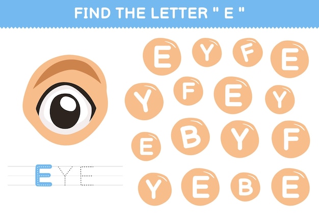 Vector education game for children find the letter c with cute cartoon eye printable anatomy worksheet