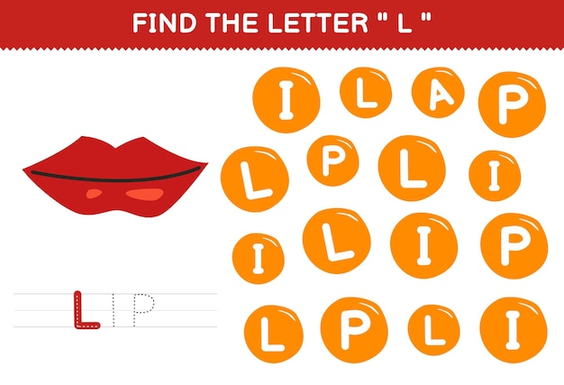 Education game for children find the letter C with cute cartoon lip printable anatomy worksheet