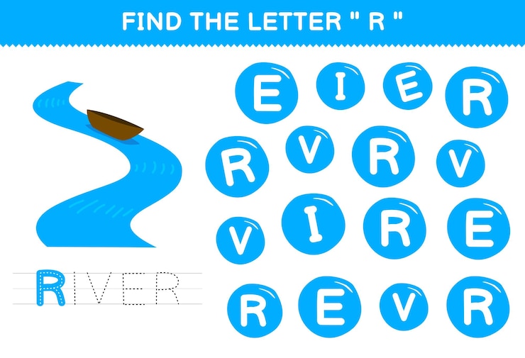 Vector education game for children find the letter c with cute cartoon river printable nature worksheet