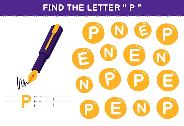 子供のための教育ゲームは、かわいい漫画のペン印刷可能なツール ワークシートで文字 P を見つけます