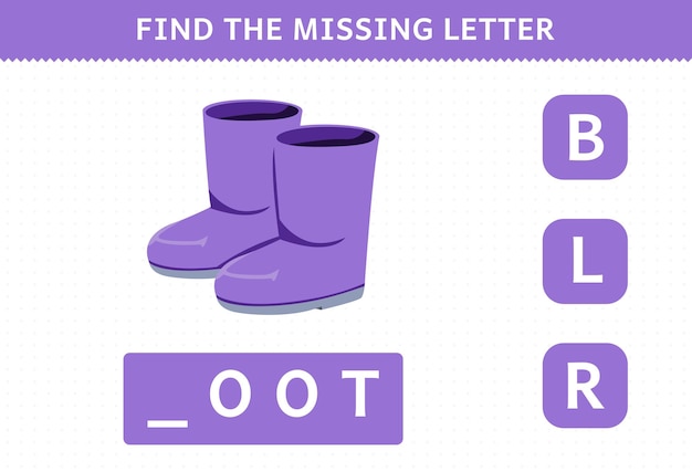 Education game for children find missing letter cartoon wearable clothes boot worksheet