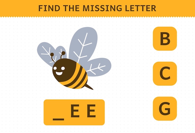 Education game for children find missing letter of cute cartoon bee printable farm worksheet