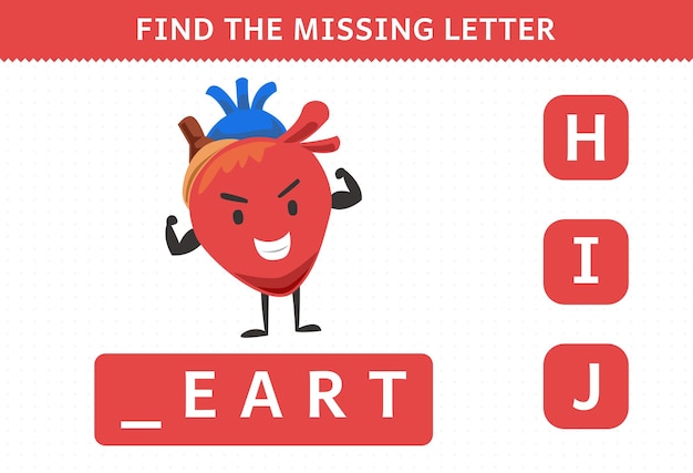 Education game for children find missing letter cute cartoon human organ heart worksheet