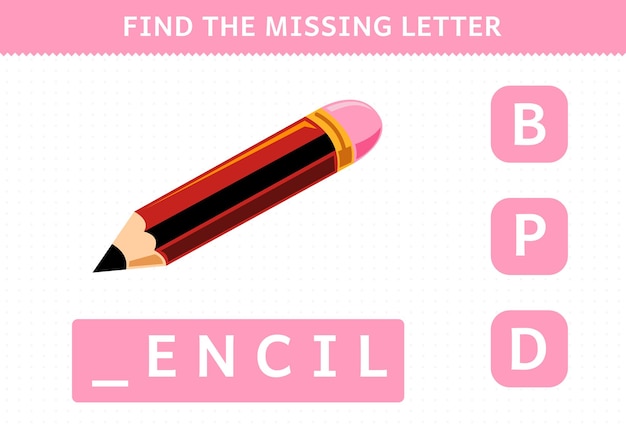 Il gioco educativo per i bambini trova la lettera mancante del foglio di lavoro dello strumento stampabile a matita simpatico cartone animato