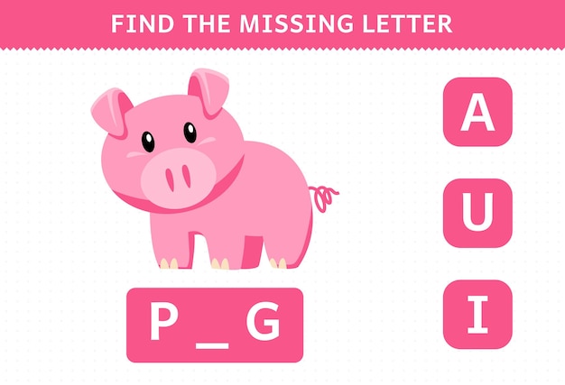 Education game for children find missing letter cute cartoon pig