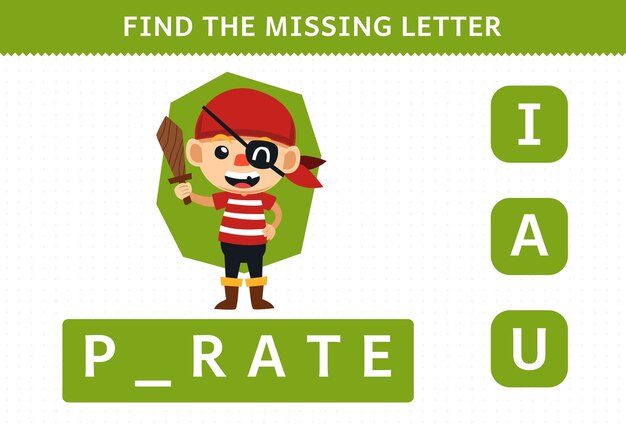 Education game for children find missing letter of cute cartoon pirate halloween costume printable worksheet