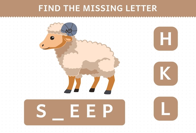 Education game for children find missing letter of cute cartoon sheep printable farm worksheet