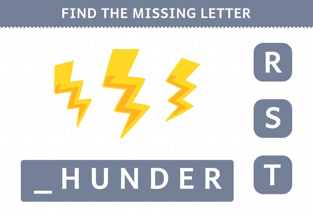 Education game for children find missing letter of cute cartoon thunder printable nature worksheet