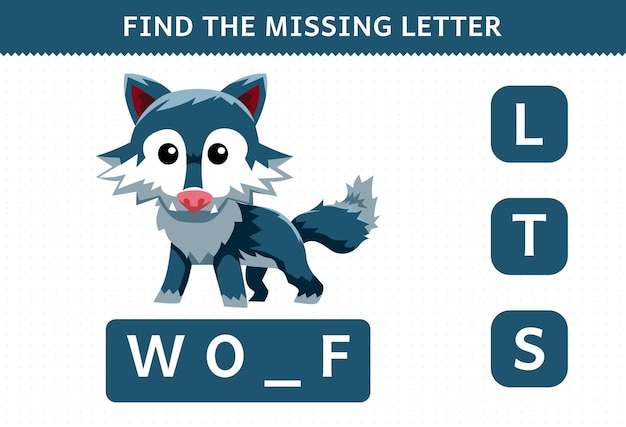 Education game for children find missing letter cute cartoon wolf