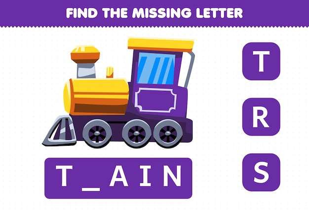 Education game for children find missing letter cute transportation train