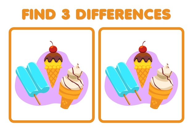 Education game for children find three differences between two cartoon picture of food ice cream and popsicle