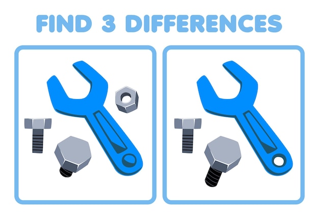 Education game for children find three differences between two cute cartoon bolt and wrench picture printable tool worksheet