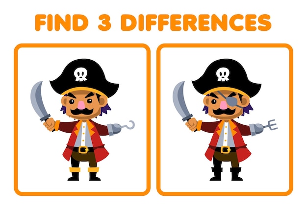 子供のための教育ゲームは、2 つのかわいい漫画のキャプテン キャラクターの印刷可能な海賊ワークシートの 3 つの違いを見つける
