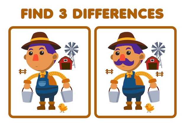 어린이를 위한 교육 게임은 헛간 농장 인쇄용 워크시트 앞에 양동이를 들고 있는 두 명의 귀여운 만화 농부 사이에서 세 가지 차이점을 찾습니다.