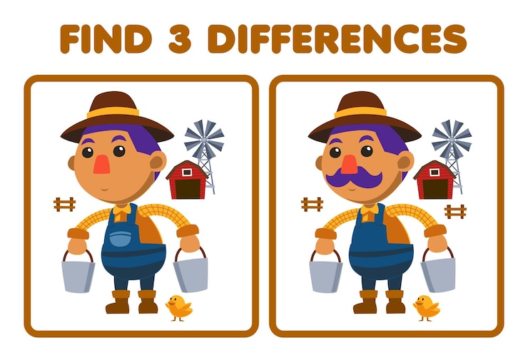 Vector education game for children find three differences between two cute cartoon farmer carrying a bucket in front of the barn farm printable worksheet