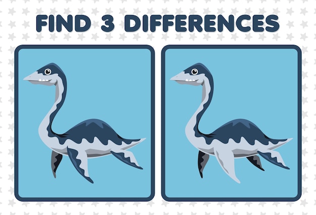 Education game for children find three differences between two cute prehistoric dinosaur plesiosaur