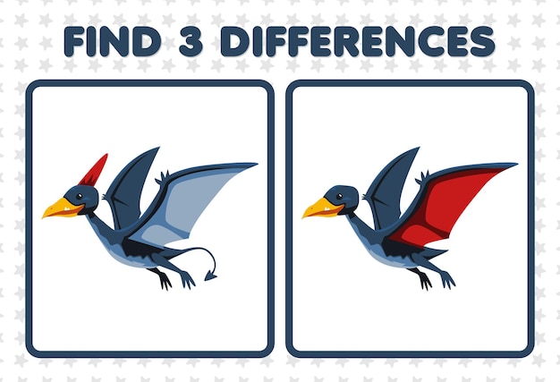 Education game for children find three differences between two cute prehistoric dinosaur pteranodon