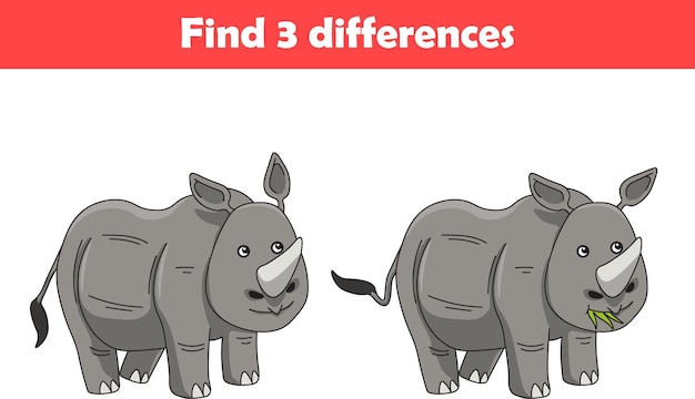 Education game for children find three differences between two rhino animal cartoon Vector