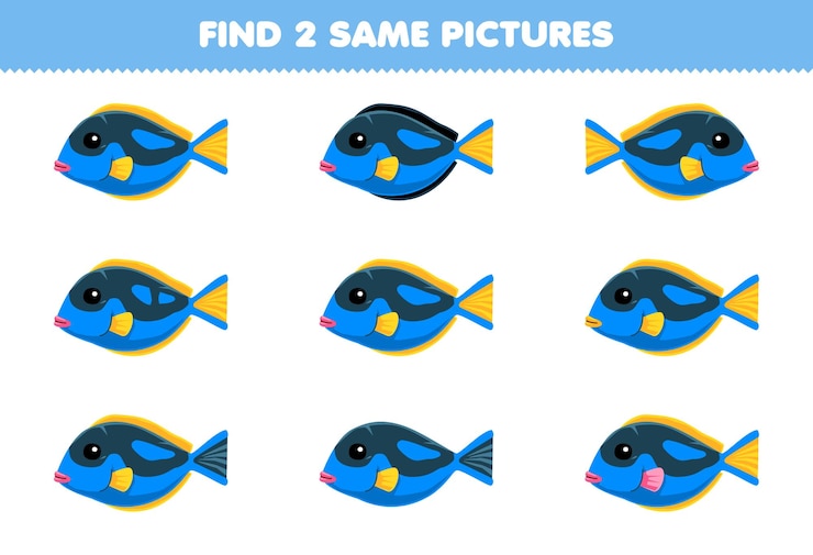 Vector education game for children find two same pictures of cute blue fish printable pet worksheet