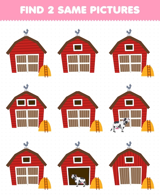 Education game for children find two same pictures of cute cartoon barn printable farm worksheet