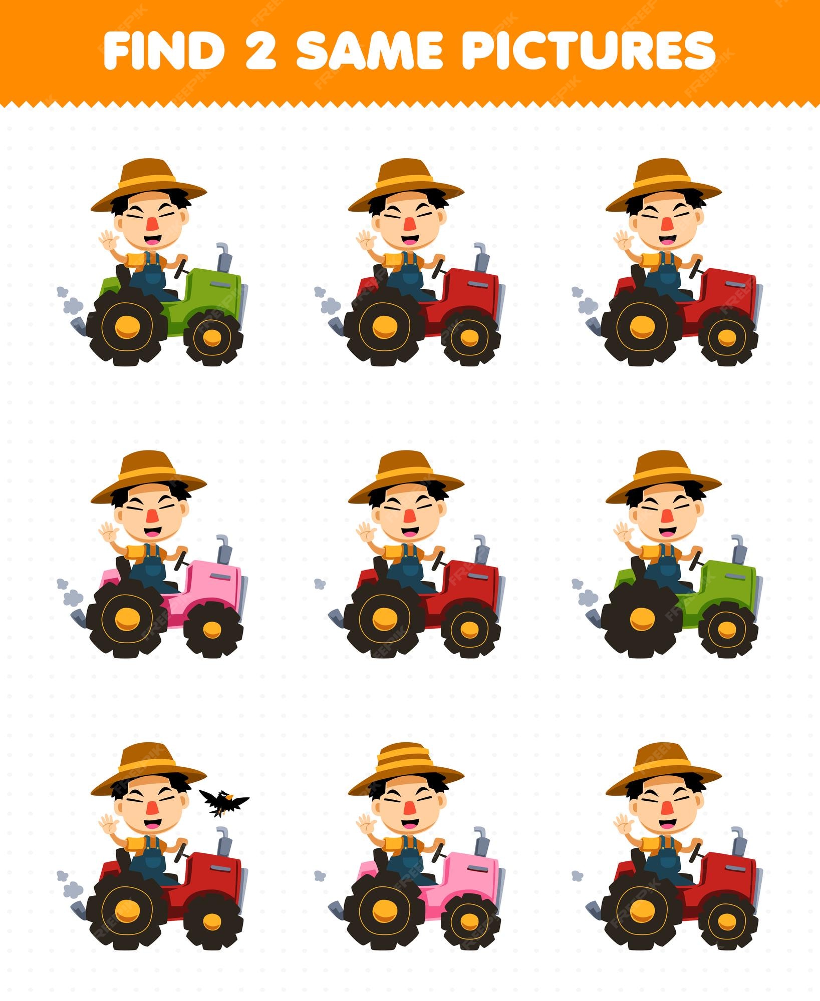 Premium Vector | Education game for children find two same pictures of cute cartoon farmer driving tractor printable farm worksheet Premium Vector | Education game for children find two same pictures of cute cartoon farmer driving tractor printable farm worksheet