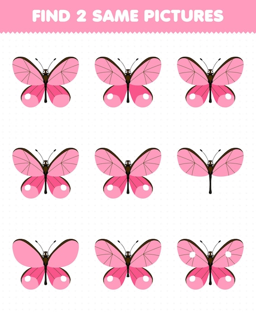 Education game for children find two same pictures of cute cartoon pink butterfly printable bug worksheet