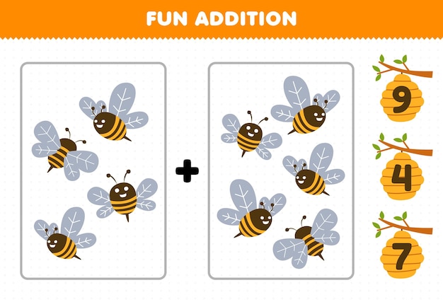 Education game for children fun addition by count and choose the correct answer of cute cartoon bee printable farm worksheet