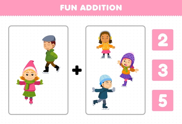 Education game for children fun addition by count and choose the correct answer of cute cartoon boy and girl playing ice skating printable winter worksheet
