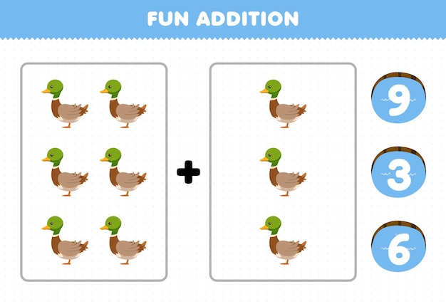 어린이를 위한 교육 게임은 숫자로 추가하고 귀여운 만화 오리 인쇄용 농장 워크시트의 정답을 선택합니다.