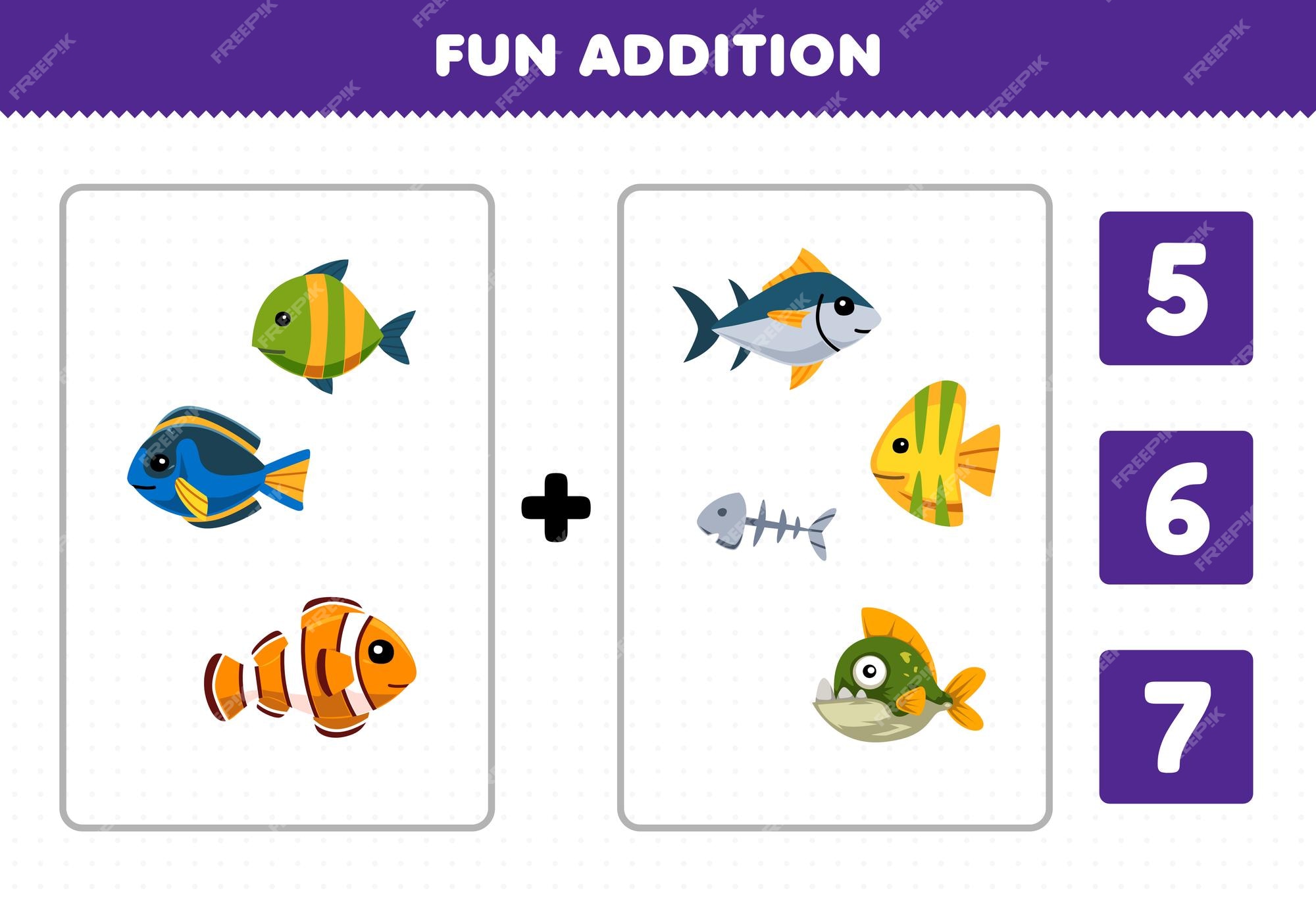 Premium Vector | Education game for children fun addition by count and choose the correct answer of cute cartoon fish printable underwater worksheet Premium Vector | Education game for children fun addition by count and choose the correct answer of cute cartoon fish printable underwater worksheet