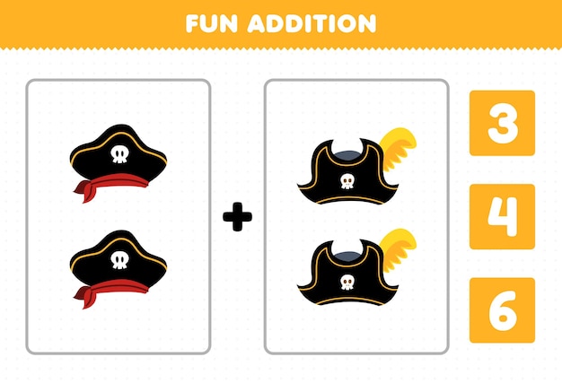 Education game for children fun addition by count and choose the correct answer of cute cartoon hat printable pirate worksheet