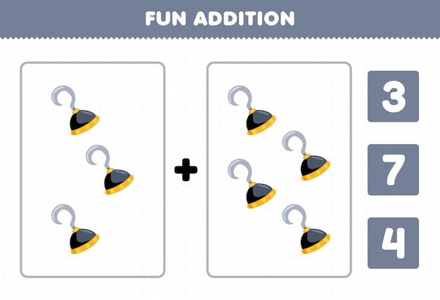 아이들을 위한 교육 게임은 카운트별로 추가하고 귀여운 만화 후크 인쇄용 해적 워크시트의 정답을 선택합니다.
